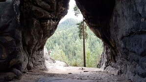 Ein natürlicher Felsbogen, der zu einem bewaldeten Gebiet führt.