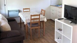 Ein kompakter Wohnraum mit einer Couch, einem Esstisch mit Stühlen, einer Küchenzeile und einem Fernseher sowie einer Heizung.