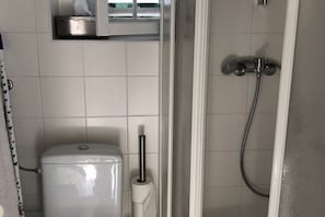 A bathroom with a toilet, a shower, and a towel rack.