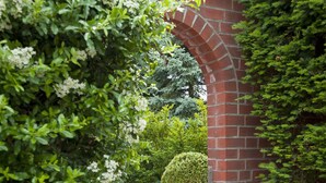 Un arco de ladrillo con techo de azulejos, rodeado de abundante follaje y plantas en flor.