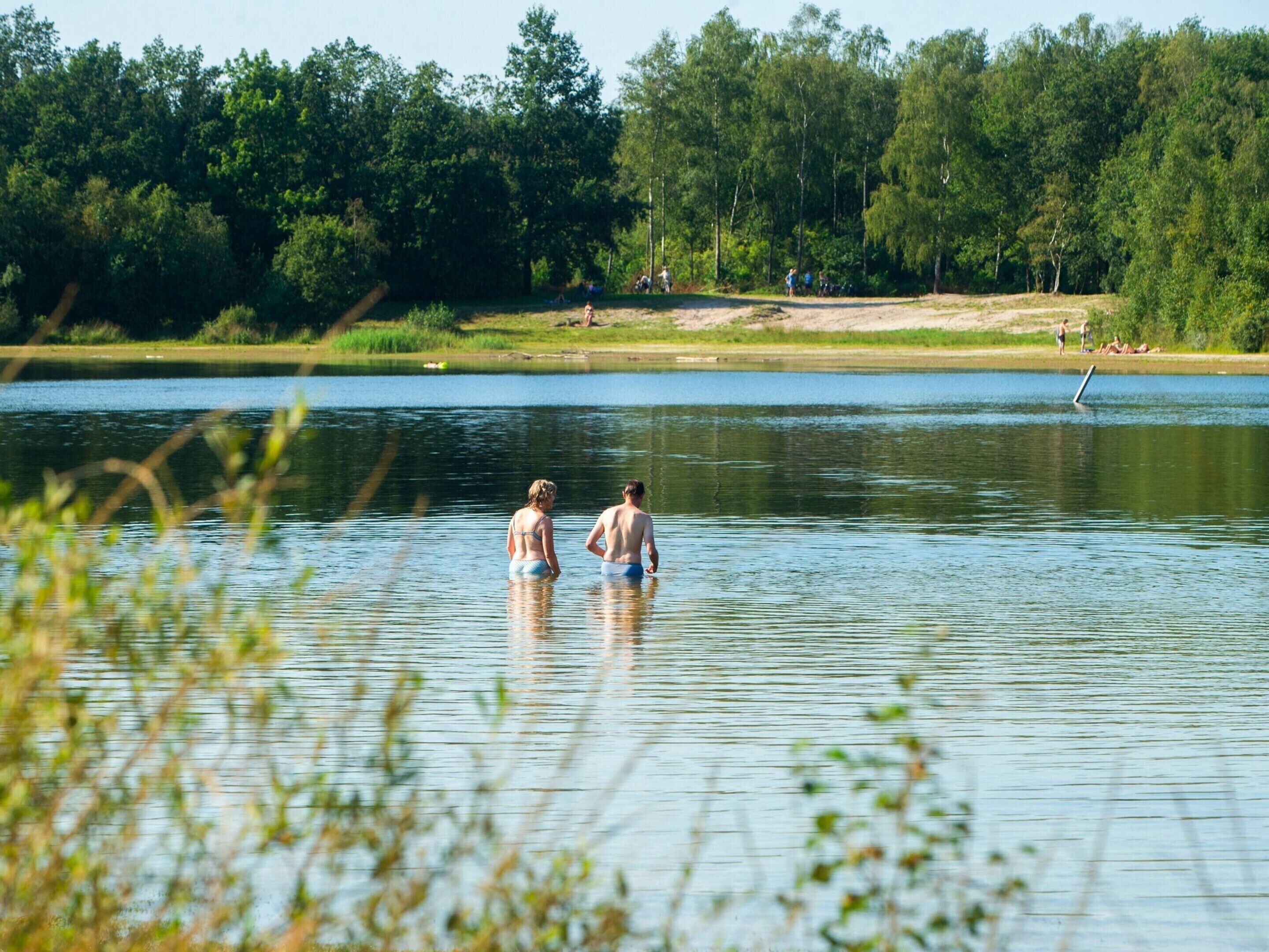 Two people standing in a lake surrounded by trees.