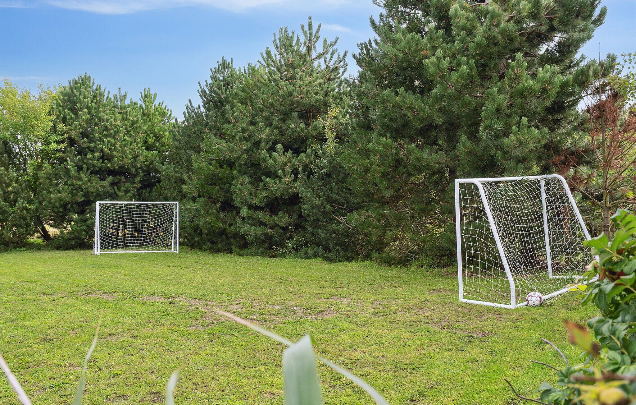 Two soccer goals in a grassy field with dense trees in the background.