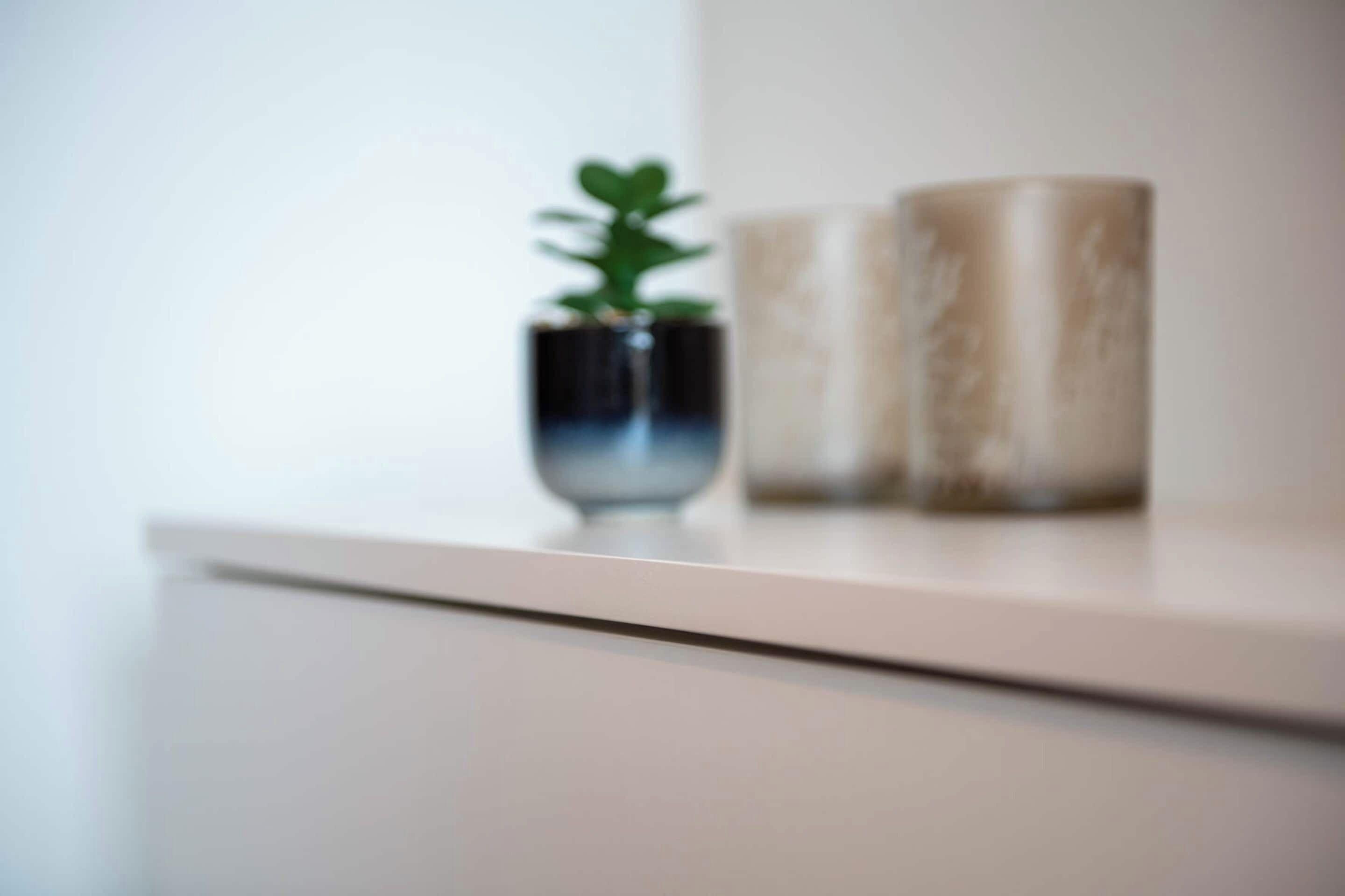 Une étagère blanche sur laquelle sont posés un pot de fleurs et deux récipients cylindriques.