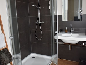 Ein modernes Badezimmer mit einer gläsernen Duschkabine, einem weißen Waschbecken und einem Spiegel darüber.