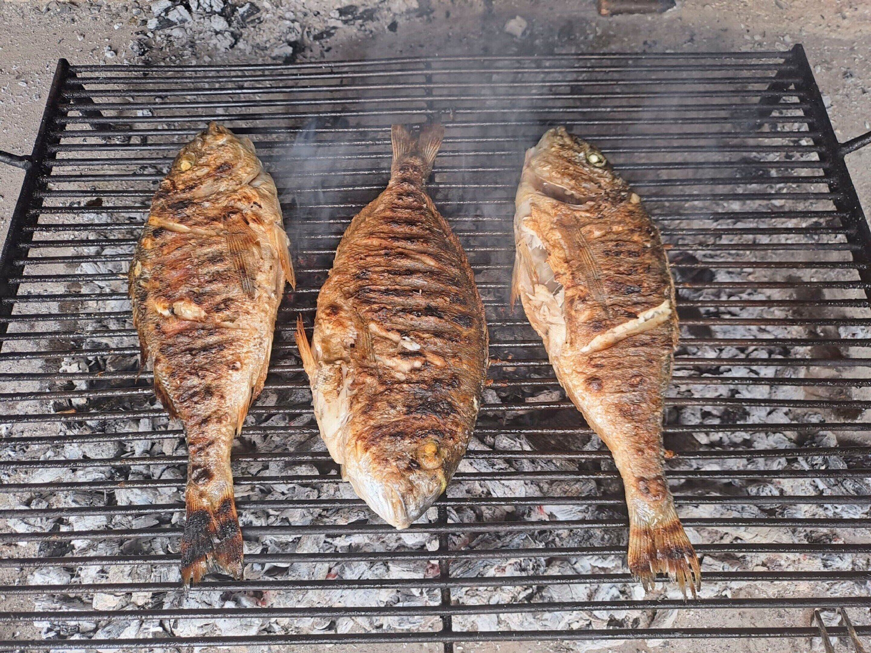 Three whole fish being grilled on a metal grate over charcoal.