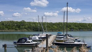 Un puerto deportivo con varias embarcaciones amarradas a muelles de madera, rodeado de aguas tranquilas y una orilla cubierta de bosque.