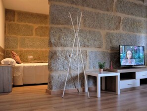 A modern living room with a stone wall, a white sofa, a TV, and a small table with a plant. - Apartment in Ourense Near Thermal Baths (Ourense)
