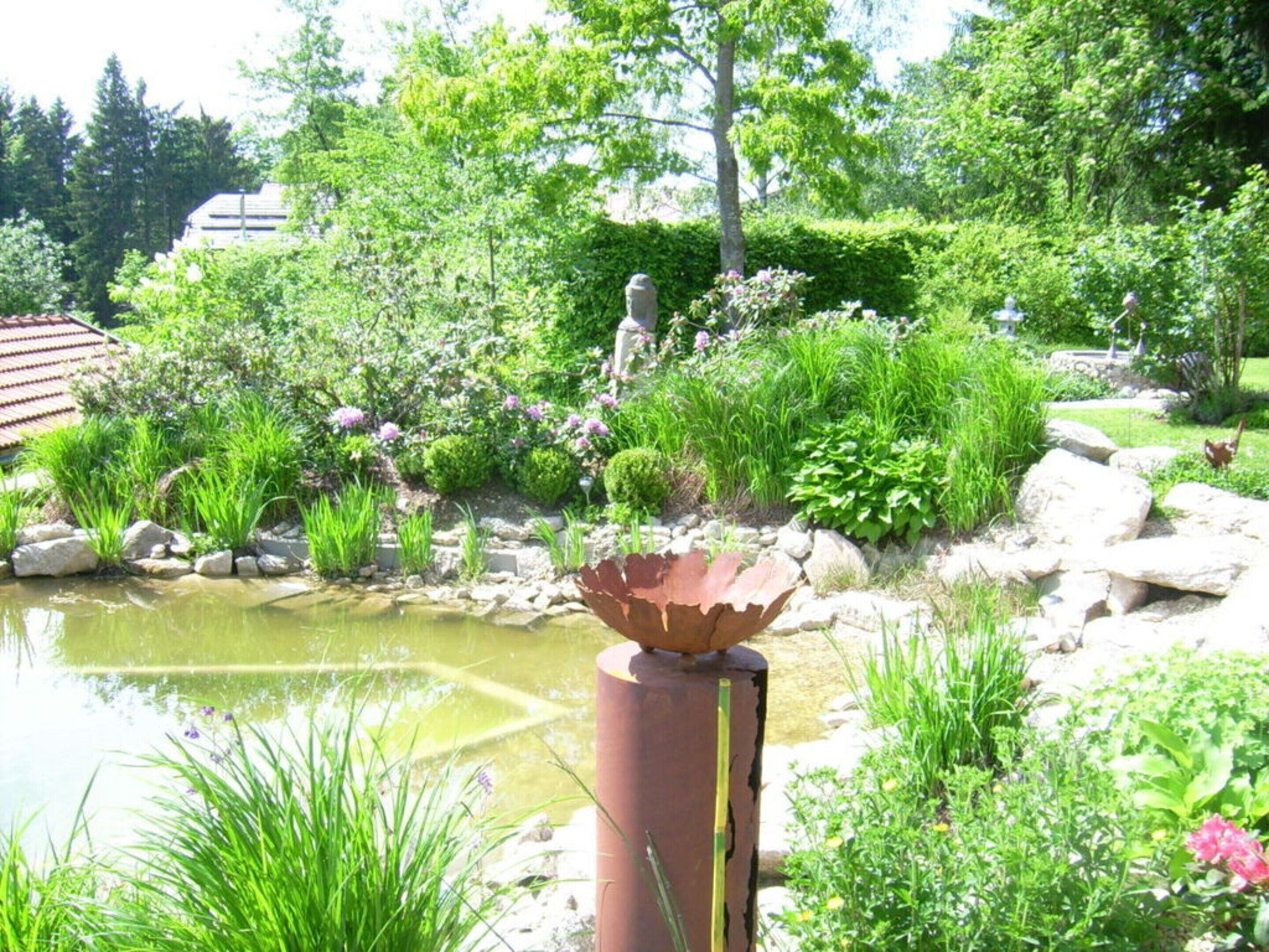 A garden with a pond, various plants, and a statue.