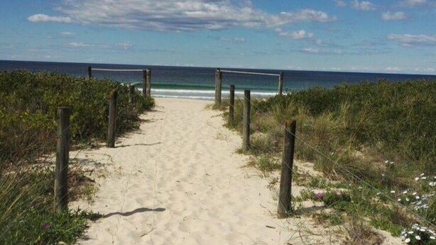 A sandy beach path leading to the ocean, surrounded by vegetation and wooden posts. - High Geest 4 - Including Many Extras (Cuxhaven)