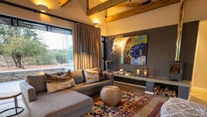 A modern living room with a sofa, a patterned rug, a fireplace, and a large window with curtains. - Villa in Hoedspruit With Hot Tub (Hoedspruit)