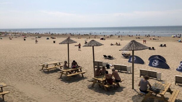 Una playa con mesas de picnic, sombrillas y sillas.