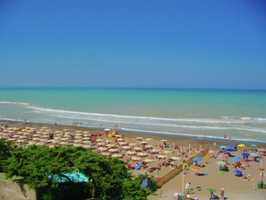 A beach with rows of umbrellas and beach chairs, a clear sky, and the ocean.
