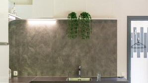 Een keuken met een grijze spatwand, een roestvrijstalen spoelbak en een hangende plant.