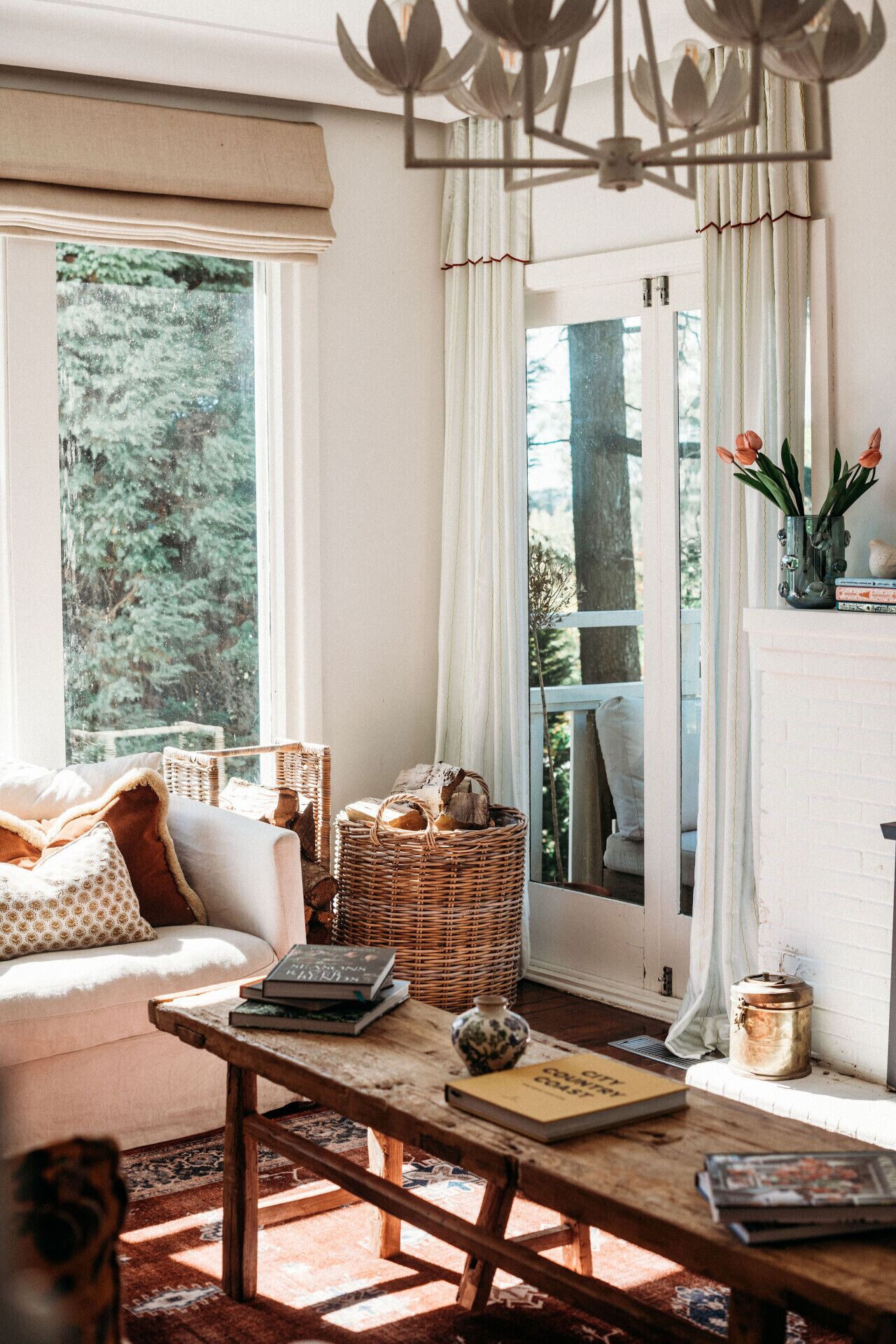 TV, fireplace, books, stereo