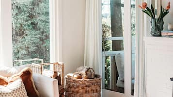 TV, fireplace, books, stereo