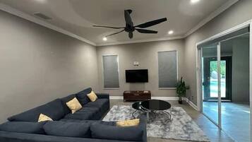 TV, fireplace, books, offices