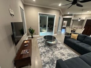 Smart TV, fireplace, books