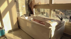 Shower, jetted tub, hair dryer, bidet