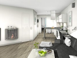 Una sala de estar moderna y minimalista con un sofá gris, una mesa de centro con un cuenco de manzanas y un televisor montado en la pared.