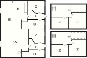 Plano de planta que muestra habitaciones identificadas con las letras E, K, W y B, y un pasillo en forma de Z.