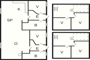 Un plano de planta con habitaciones identificadas SP, K, O y B, y un baño.