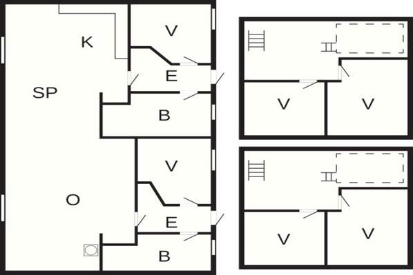 Distribución de un hotel mostrando varias habitaciones identificadas con las letras SP, K, O y B, conectadas por pasillos señalizados con la letra E.