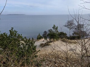 A coastal landscape with a sandy beach, sparse vegetation, and a view of the sea. - 4 Star Holiday Home in Borkop (Borkop)