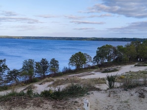 Eine Küstenlandschaft mit Sandstrand, Bäumen und einem Gewässer.