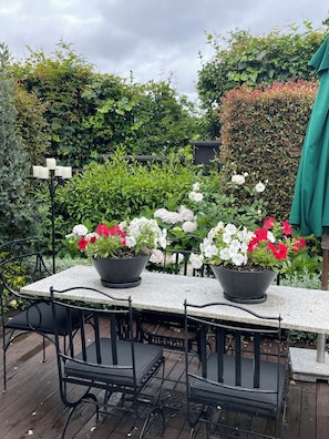 A patio with a table and chairs, surrounded by potted plants and a green umbrella.