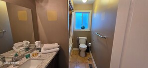 Hair dryer, towels, soap, shampoo