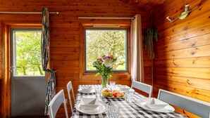 Una cabaña de madera con una mesa a cuadros dispuesta para comer, un florero con flores y una ventana con vista a los árboles.