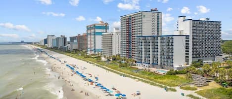 On the beach, sun loungers