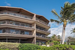 A multi-story hotel with balconies and a palm tree in the background.