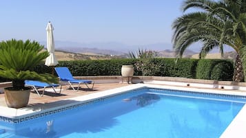 A swimming pool with a view of mountains, a palm tree, and a blue chair.