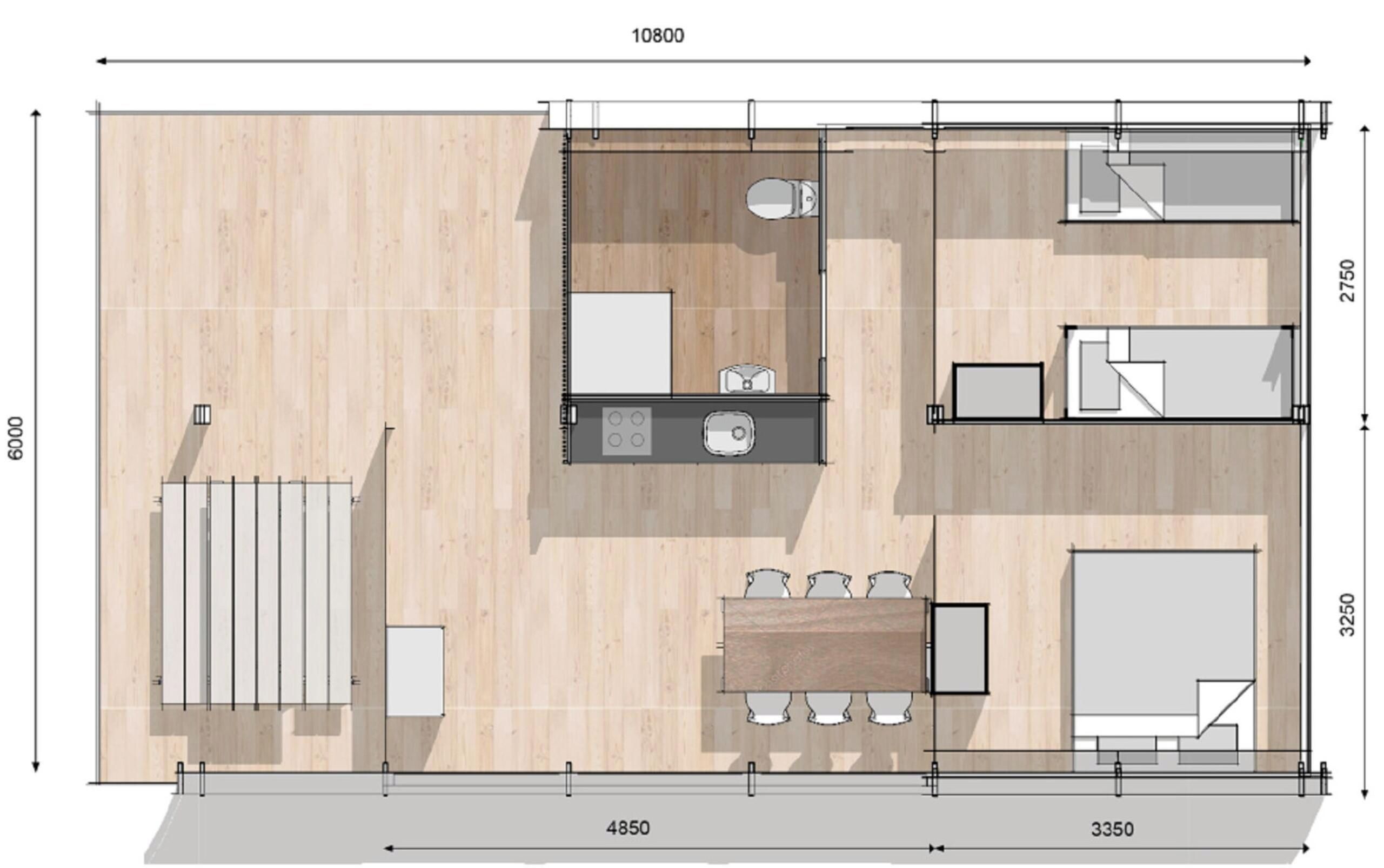 A floor plan of a hotel room with a kitchenette, a seating area, and a large bed.