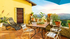 A terrace with a table and chairs, potted plants, and a grill. - Villa Garibaldino (Podenzana)