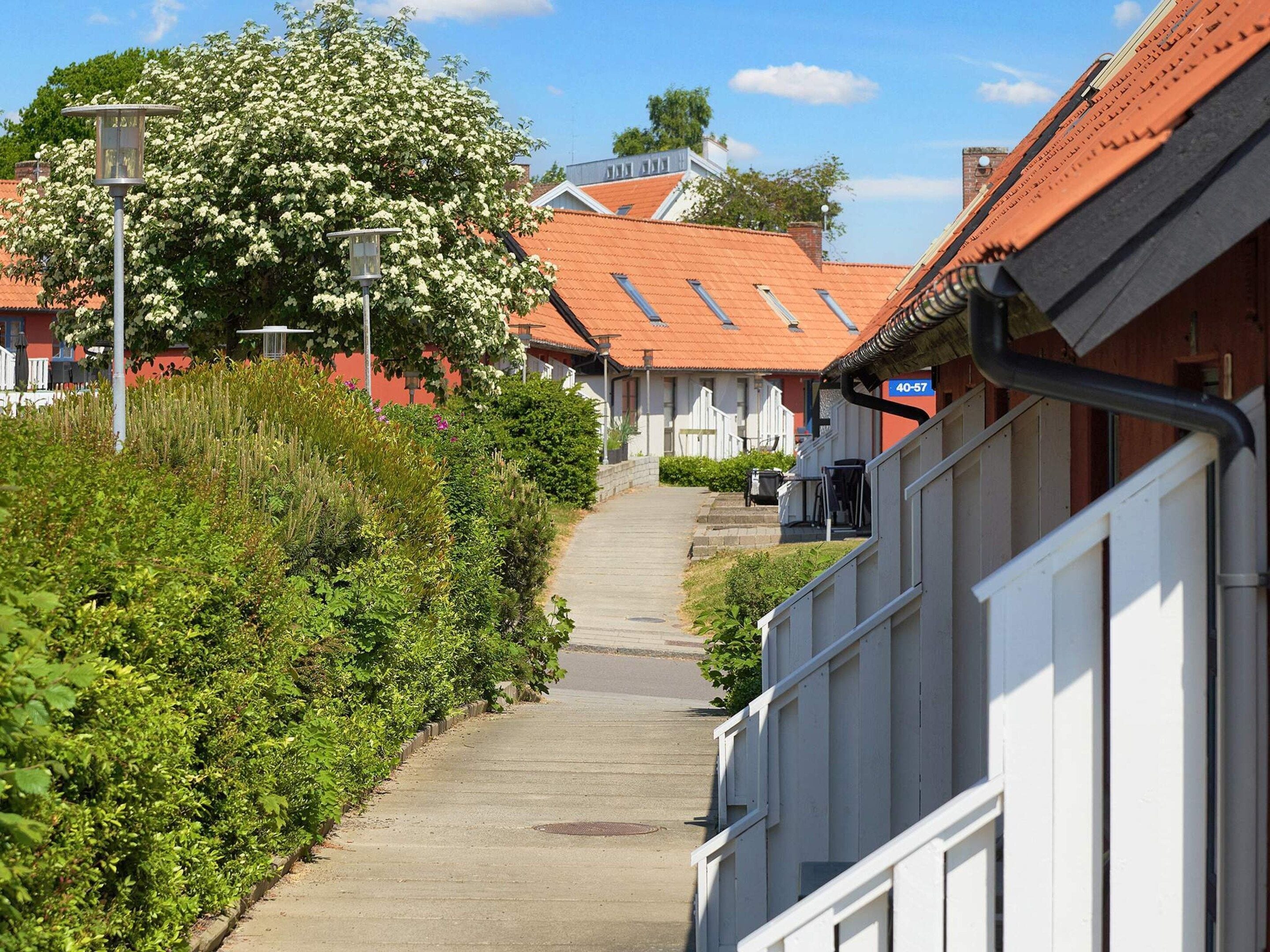 A narrow pathway flanked by lush greenery and traditional buildings with red-tiled roofs.