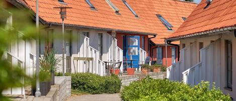 A narrow pathway leading to a row of buildings with red-tiled roofs and multiple skylights.