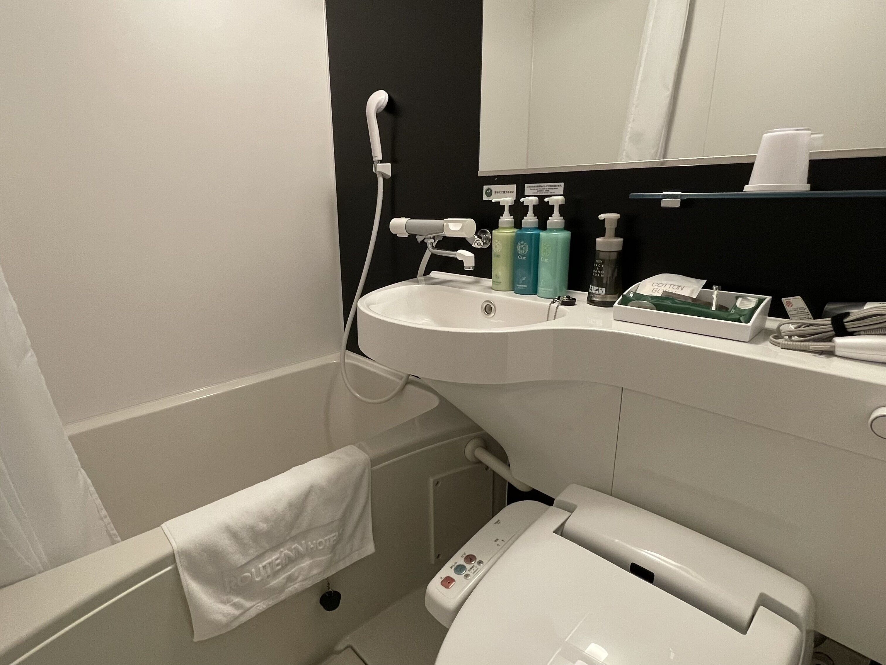 Un baño moderno con un lavamanos blanco, un cabezal de ducha de mano y un inodoro. Hay artículos de aseo en la encimera del lavamanos.