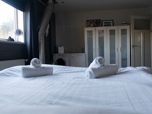 A hotel room with two beds, a washing machine, and a wardrobe.
