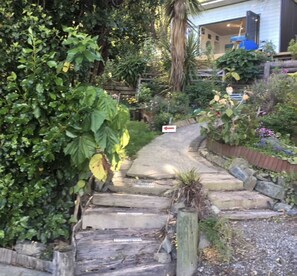 Steps lead to a modern house surrounded by lush greenery and plants.