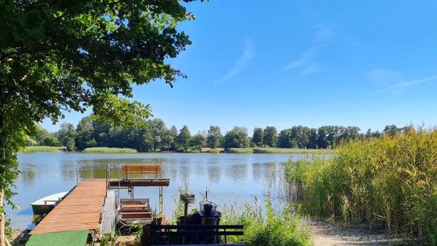 Ein Steg am Seeufer mit einer Bank und einem Picknicktisch, umgeben von Bäumen und Pflanzen.