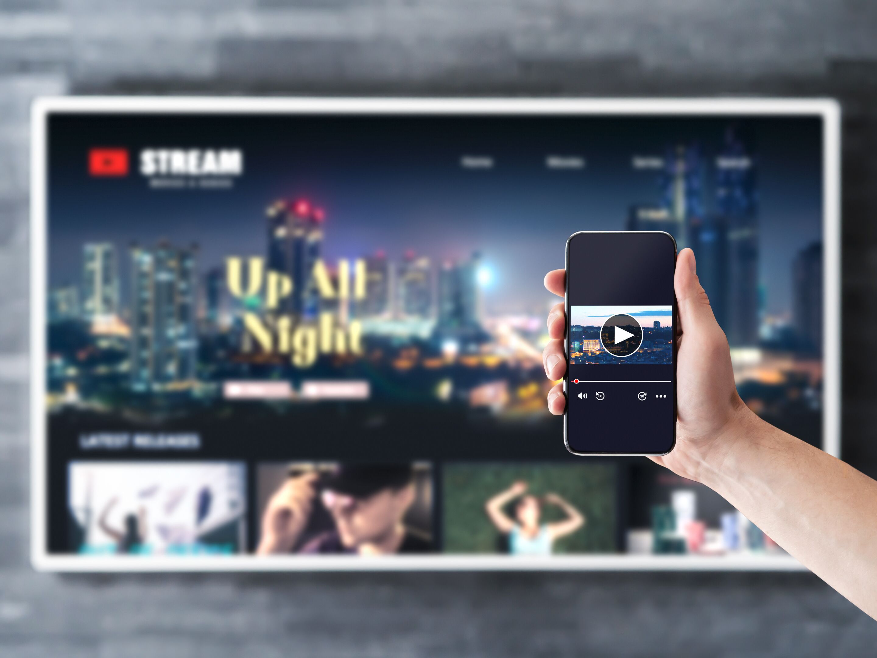A smartphone displaying a streaming service interface with a cityscape background.