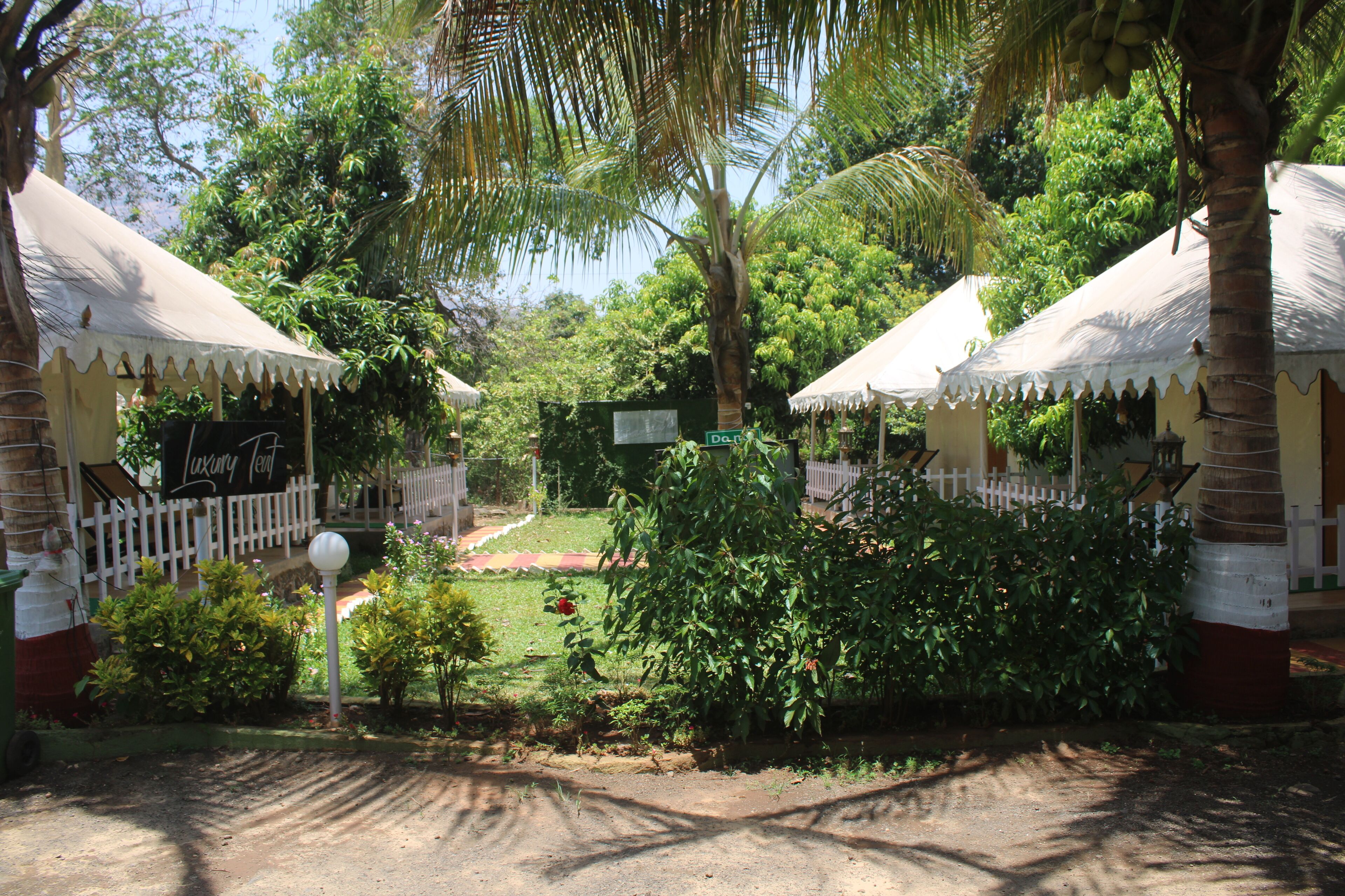 A tropical resort with two white-roofed structures, a white picket fence, and lush greenery.