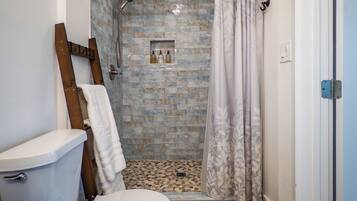 Hair dryer, towels, soap, shampoo