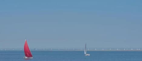 Two sailboats on calm water with a bridge in the background.