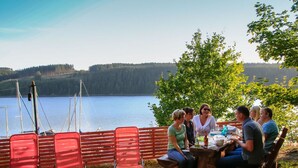 A group of people dining outdoors with a lake view, red chairs, and a wooden table. - Saaleland Apartment 3 (Schleiz)