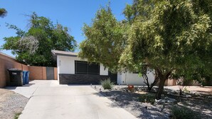 Ein modernes Haus mit Betonauffahrt, Backsteinmauer und einem Baum.