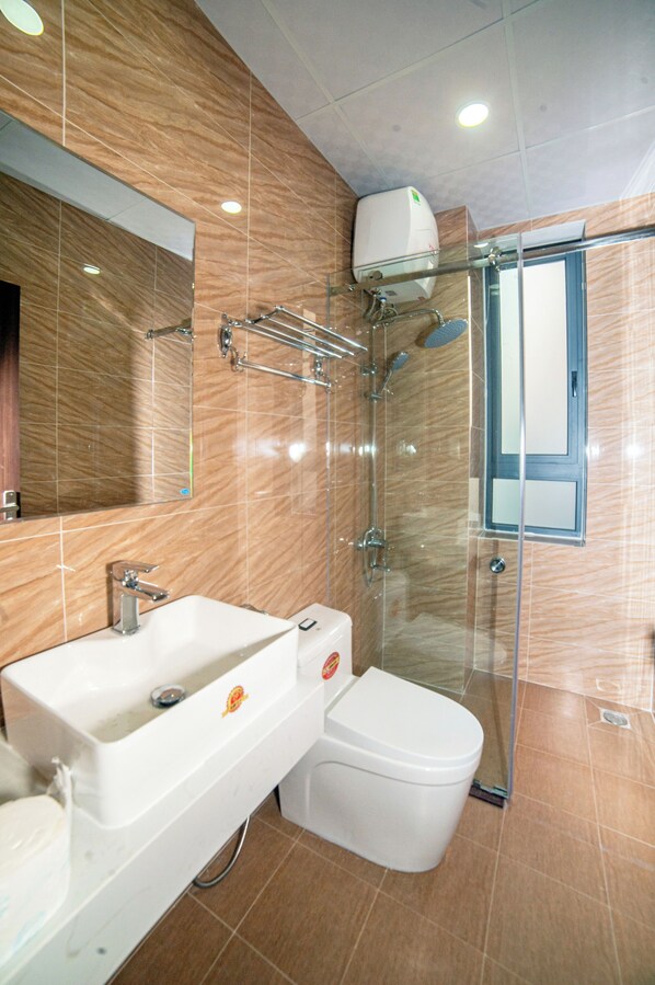 Shower, hair dryer, bidet, towels