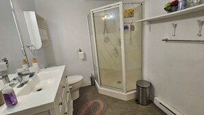 A modern bathroom with a glass shower enclosure, a white sink, and a toilet.